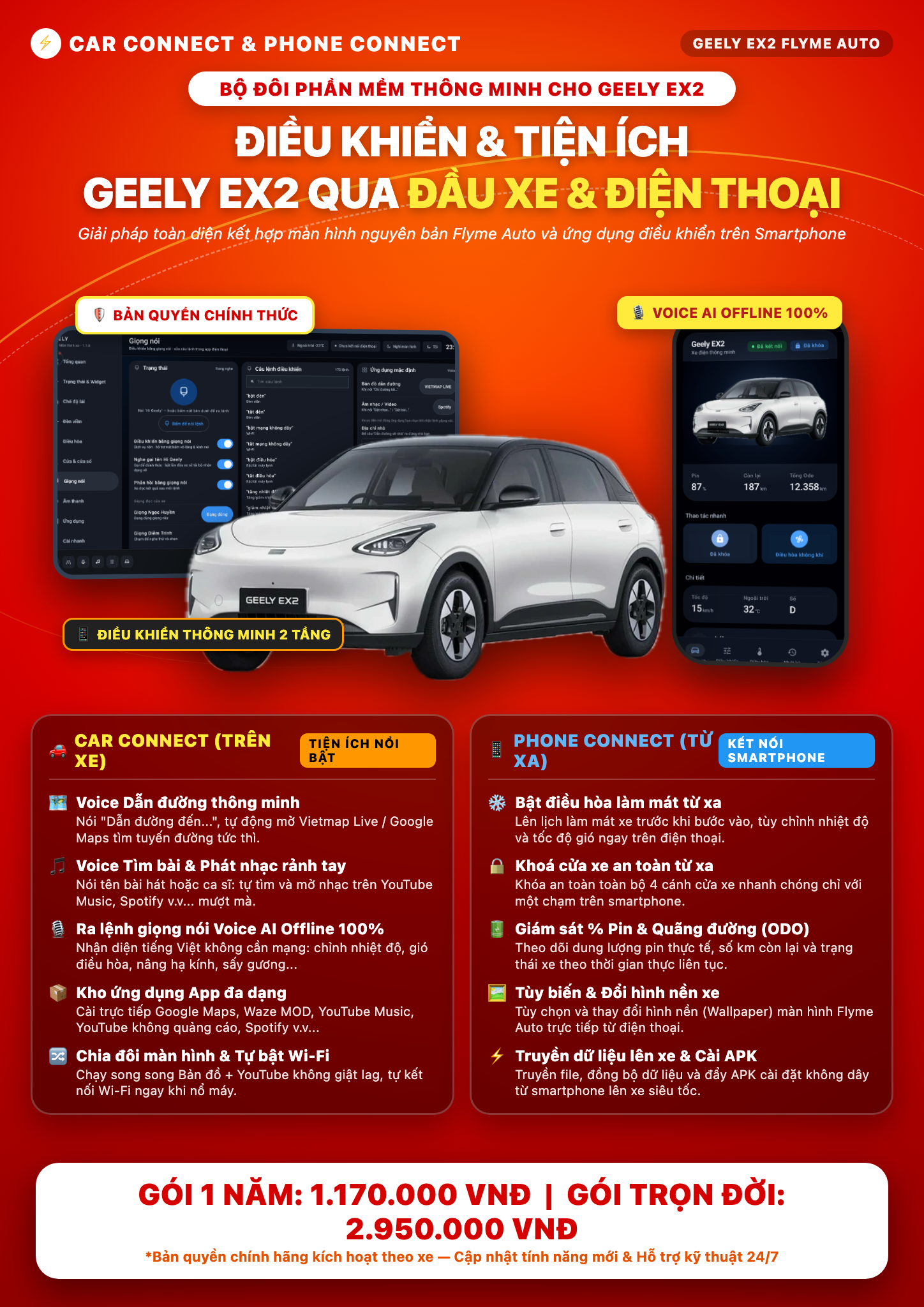 Bảng giá Car Connect và Phone Connect Geely EX2