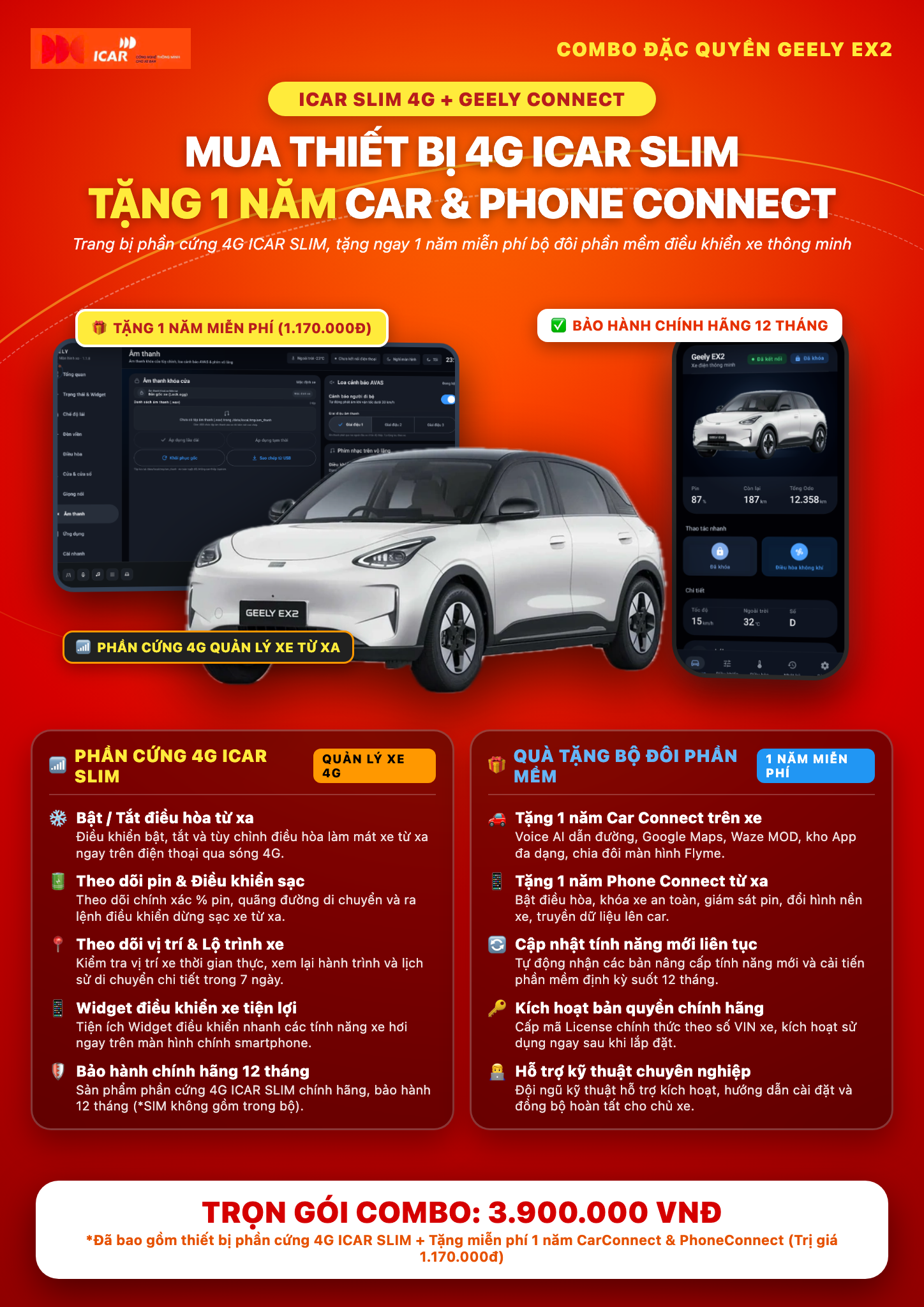 Mua 4G ICAR SLIM tặng 1 năm Car Connect và Phone Connect